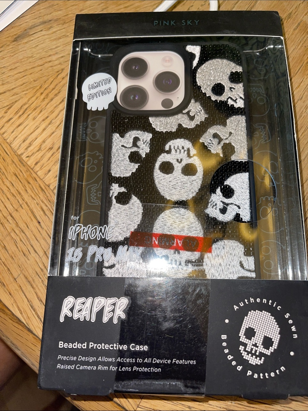 Pink Sky Reaper Beaded Protective iPhone 15 Pro Max Case - Black & Silver Skull